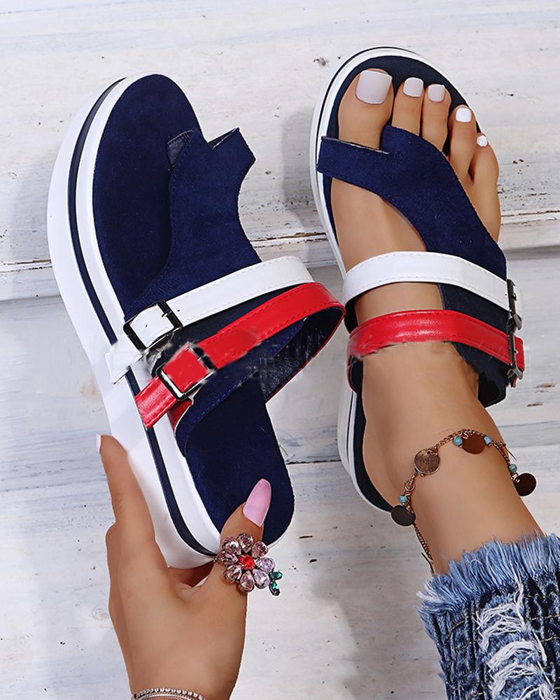 

Round-toe Color Block Platform Slippers, Blue