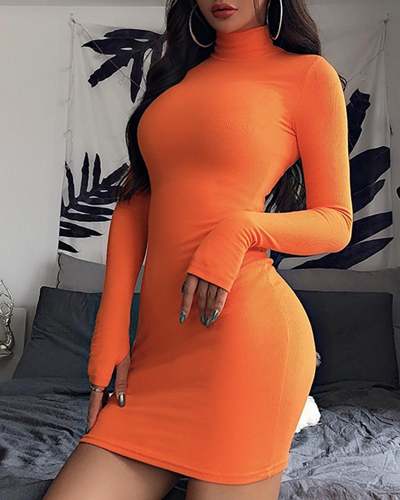 

Long Sleeve High Neck Bodycon Dress, Orange