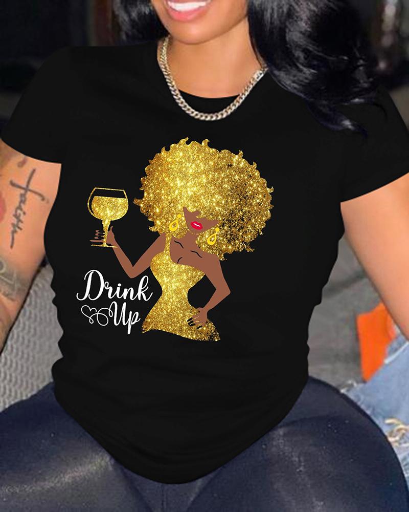 

Plus Size Figure Wine Glass Print Casual T-shirt, Black