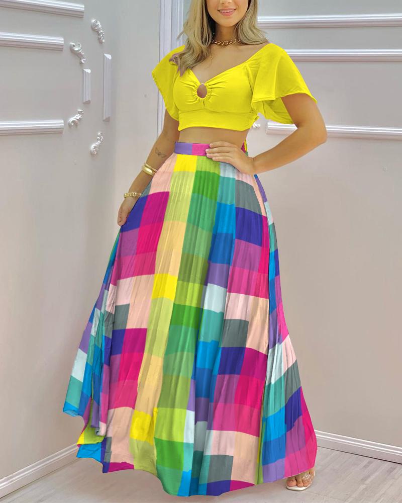 

Solid O-Ring Crop Top & Colorful Plaid Skirt Set, Multicolor