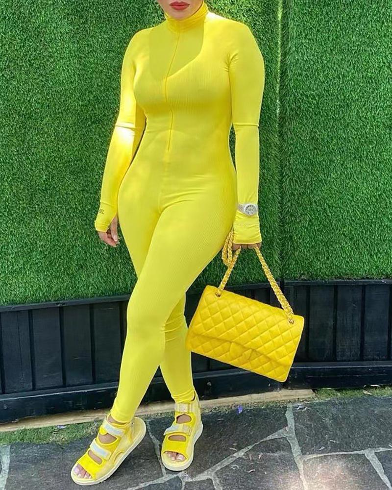 

Ribbed High Neck Zipper Design Long Sleeve Jumpsuit, Yellow