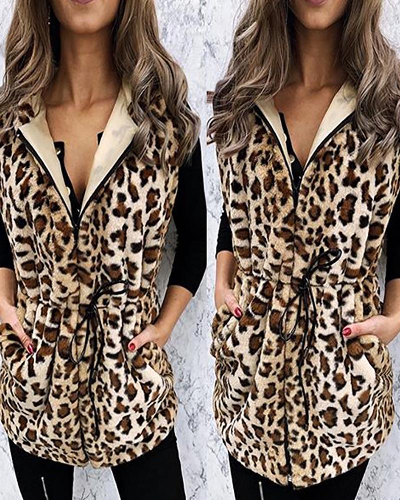 

Cheetah Print Zipper Design Hooded Vest, Leopard