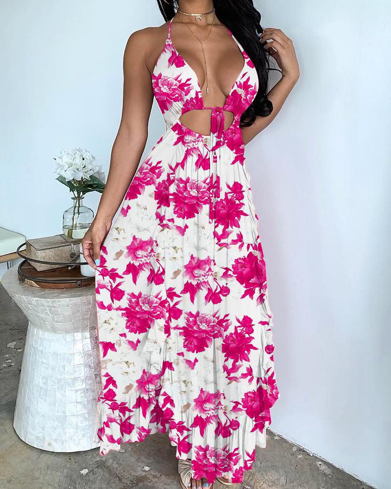 

Solid Backless Cut Out Detail Ruffles Floral Print Dress, Hot pink