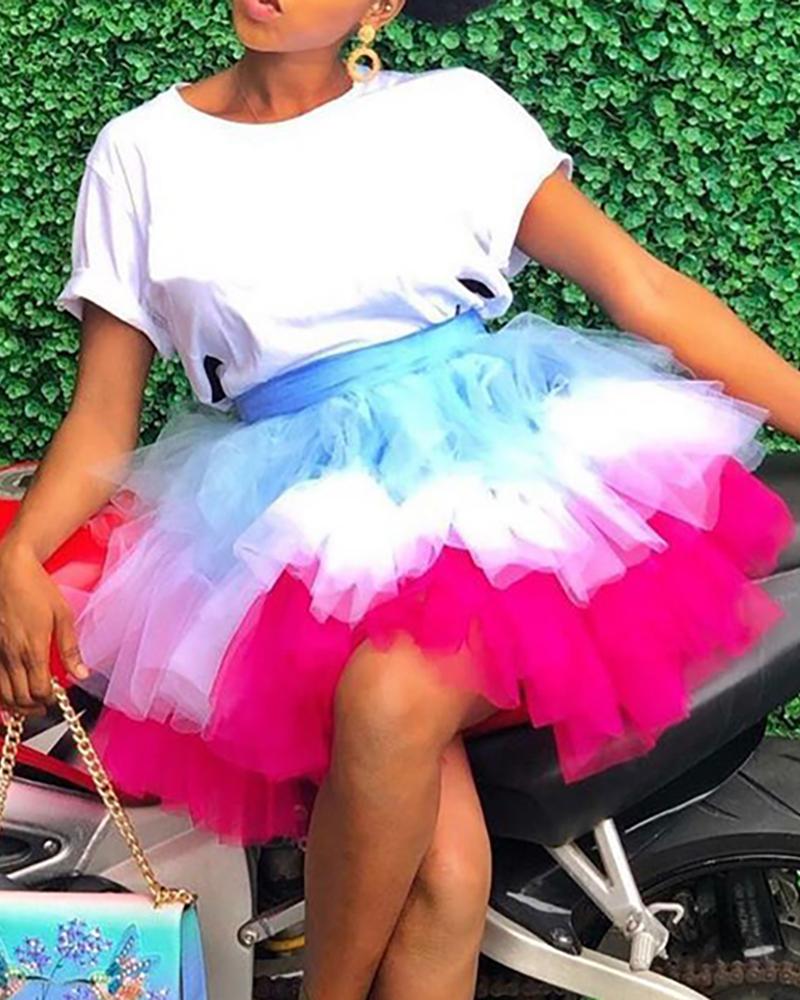 

High Waist Colorblock Layered Volume Mesh Skirts, Hot pink