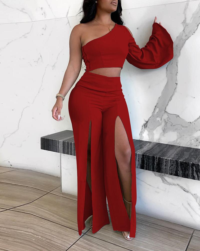 

One Shoulder Bell Sleeve Crop Top & Slit Pants Set, Red
