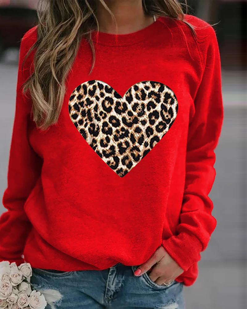 

Leopard Heart Print Long Sleeve Sweatshirt, Red
