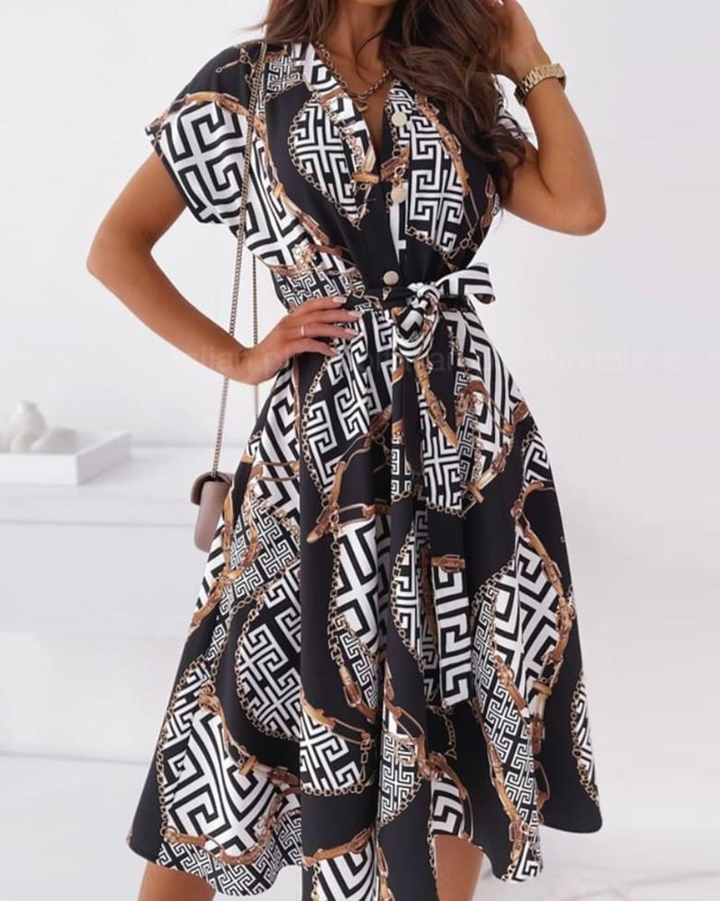 

Chain Print Short Sleeve Shirt Maxi Dress, Black