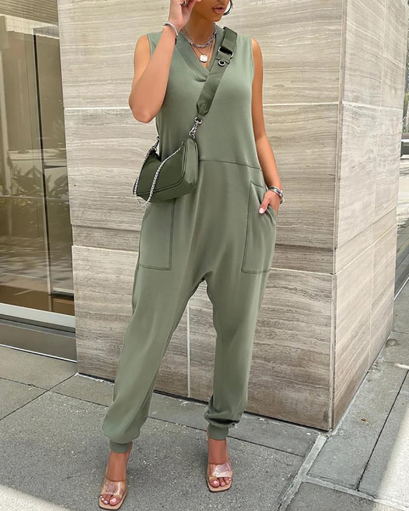 

Plain Sleeveless Pocket Design Jumpsuit, Army green
