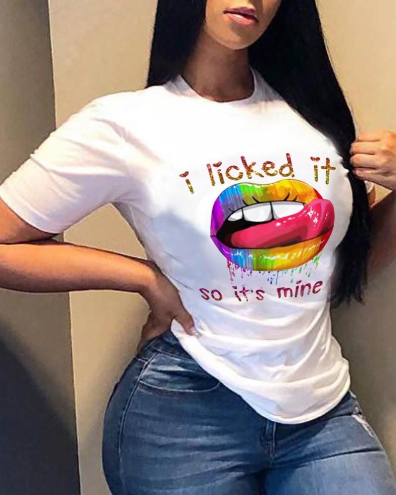 

Multicolor Lips Print Short Sleeve Loose T-shirts, White
