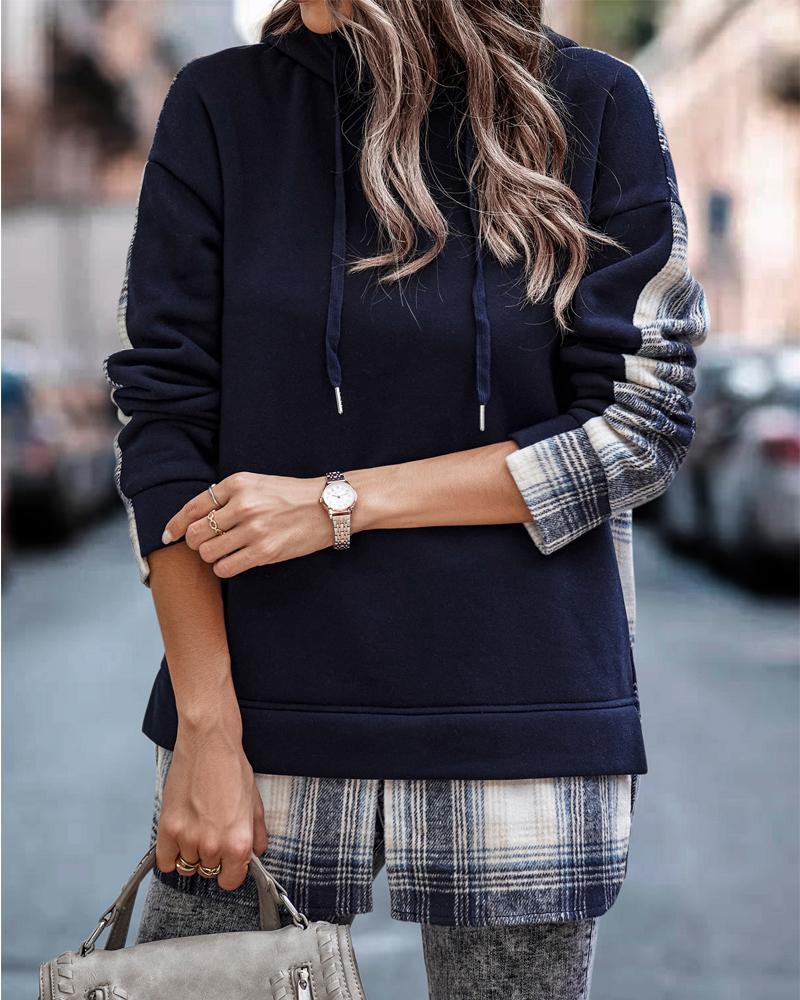 

Contrast Plaid Long Sleeve Casual Hoodie, Blue