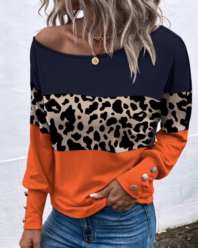 

Colorblock Contrast Leopard Long Sleeve Casual Top, Multicolor