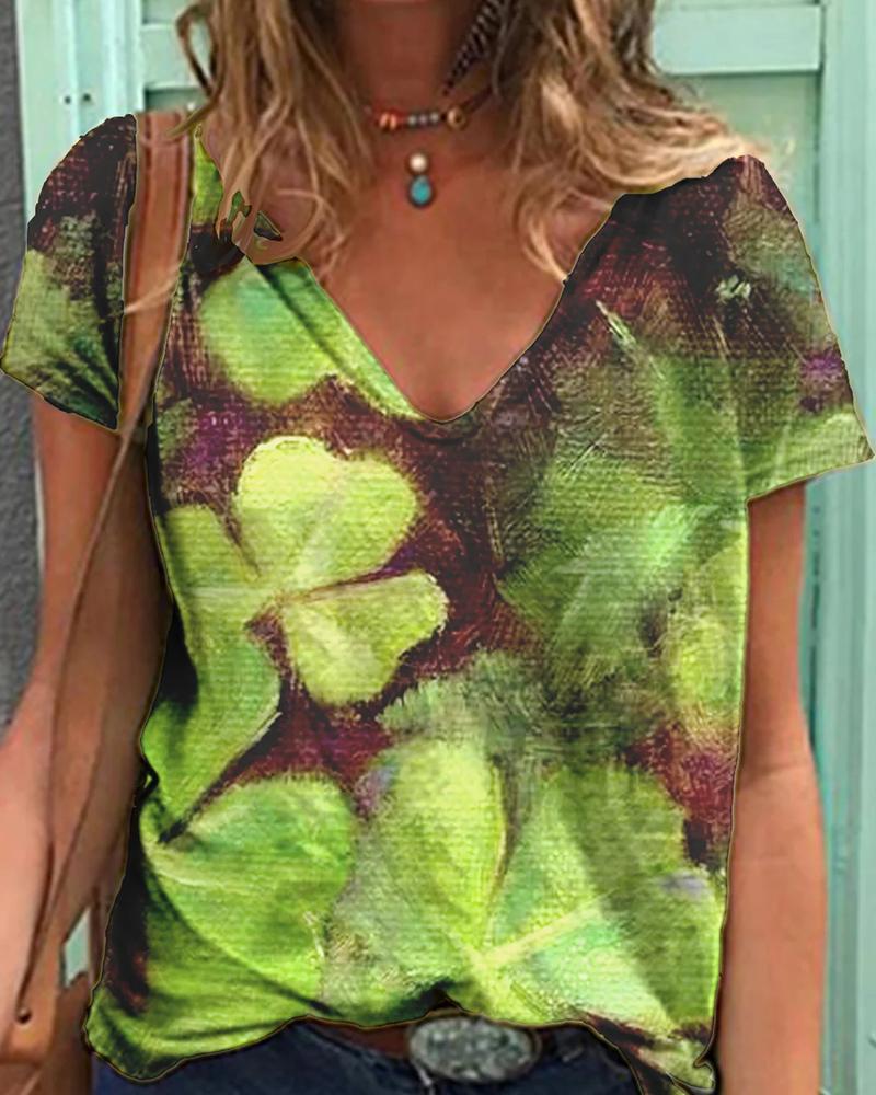 

Clover Print Short Sleeve Loose T-shirts, Style3