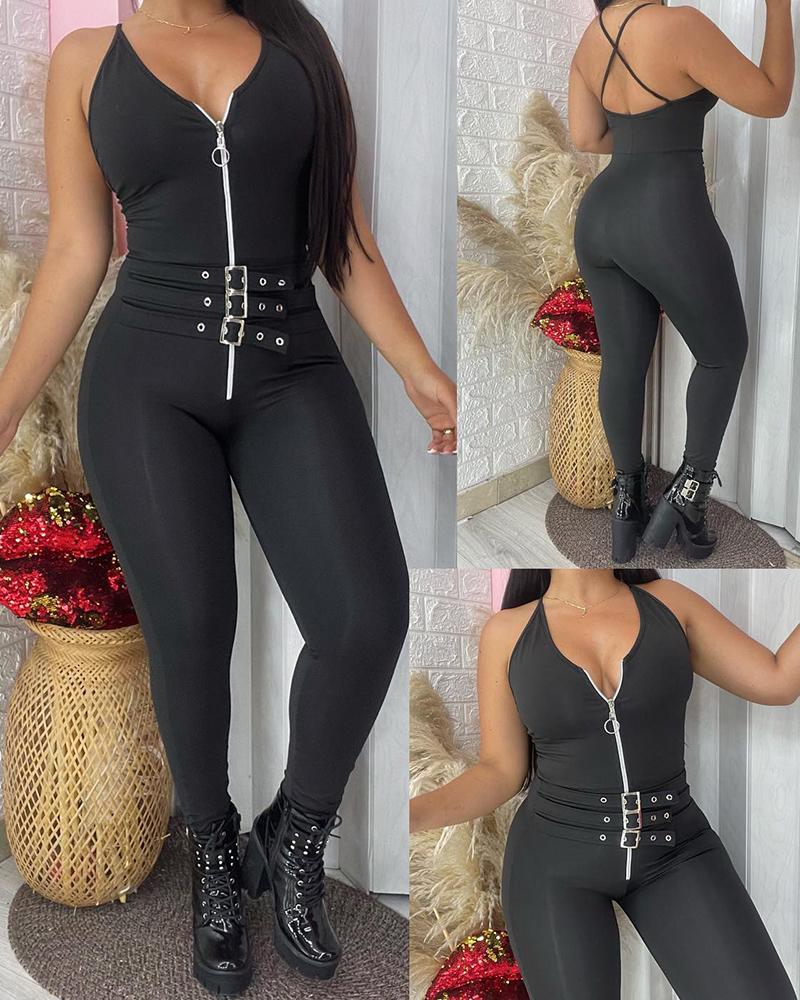

Eyelet Zipper Design Criss Cross Jumpsuit, Black