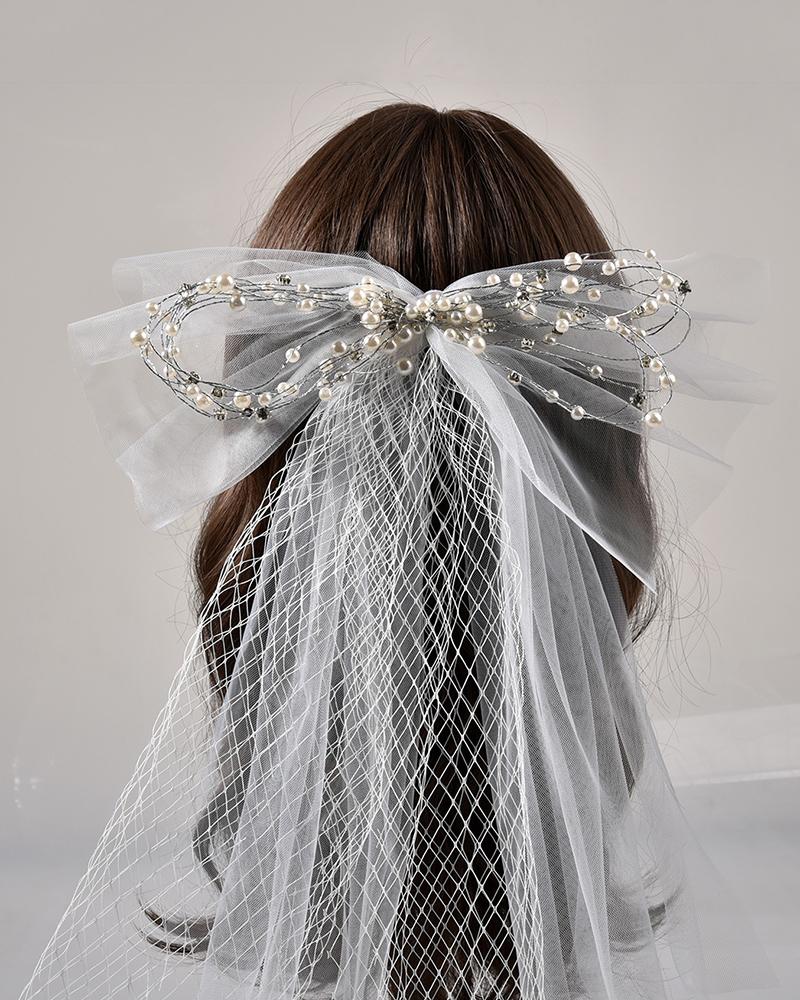 

1pcs Sheer Mesh Bowknot Ribbon Hair Clip Wedding Bridal Pearl Hair Accessory, White