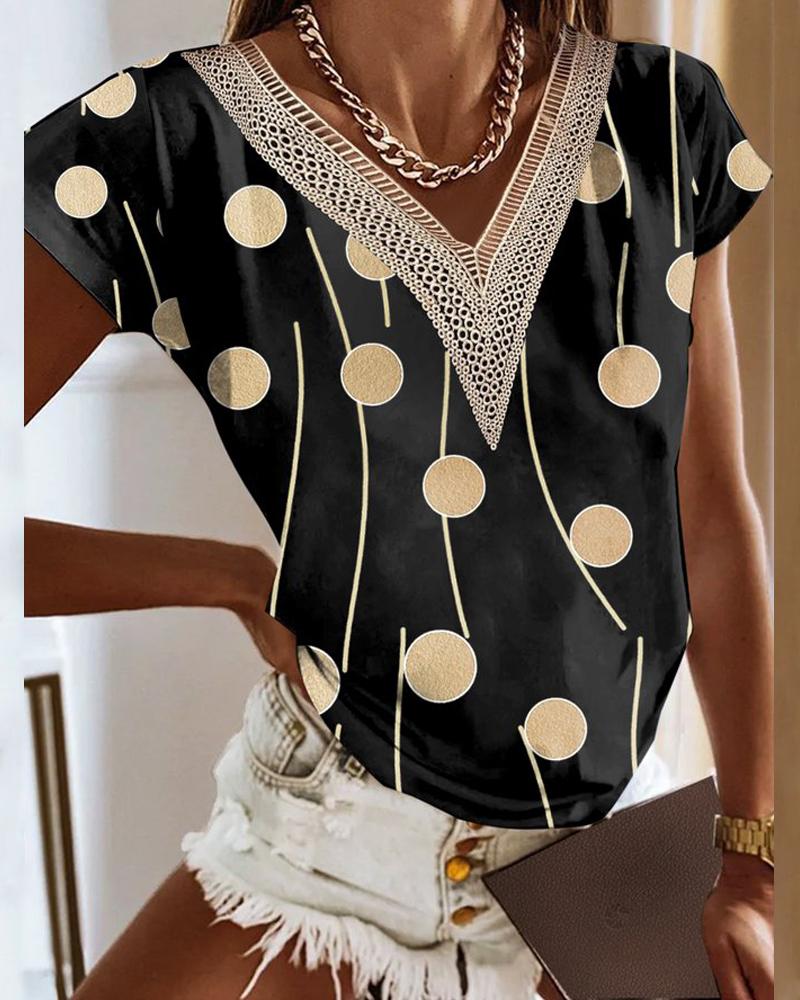 

Polka Dot Print Lace Patch V Neck Top, Black