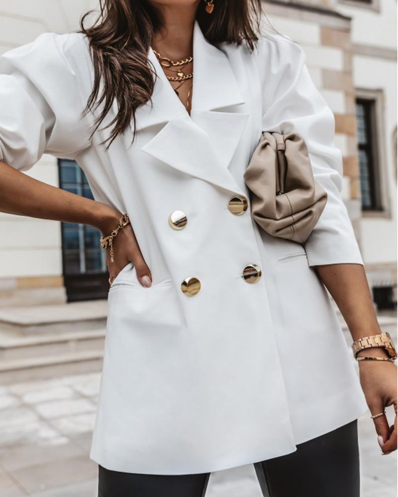 

Puff Sleeve Lapel Collar Double Breasted Blazer, White