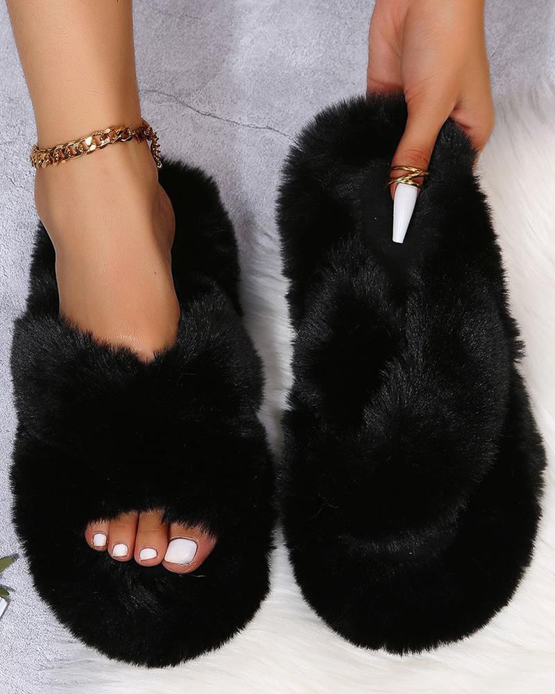 

Fuzzy Crisscross Round Toe Slippers, Black