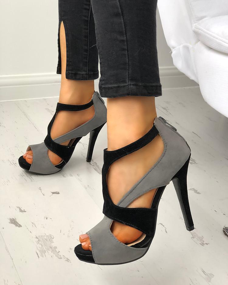 

Cutout Splicing Peep Toe Heeled Sandals, Black