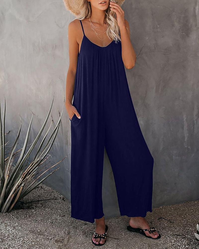 

Solid Strap Loose Wide Leg Jumpsuit, Dark blue