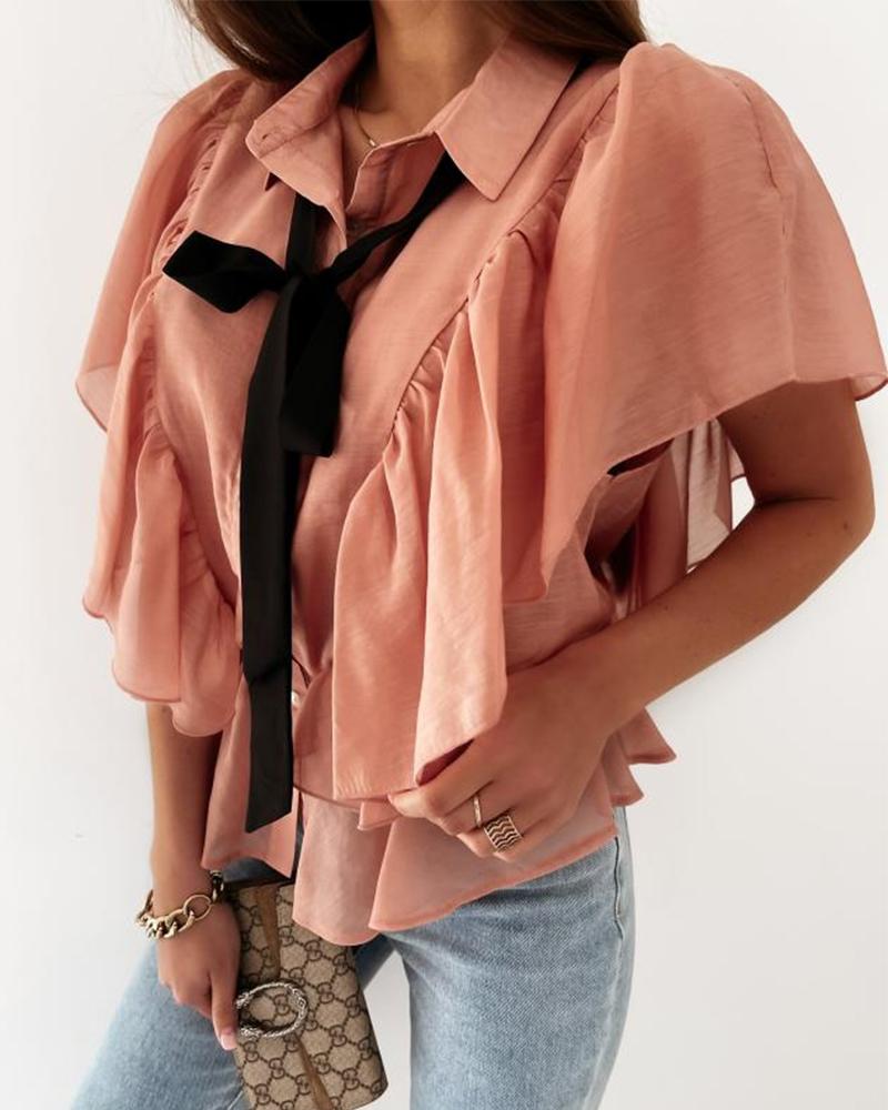 

Solid Color Tie Neck Ruffle Trim Blouse, Pink