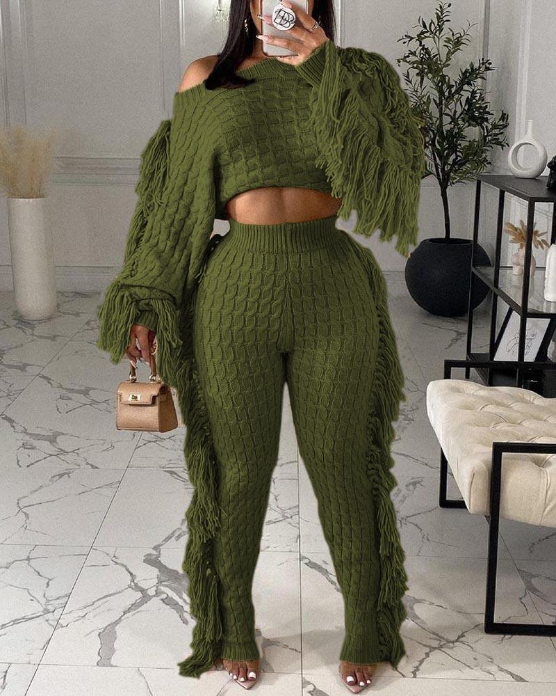 

Fringe Trim Long Sleeve Cable Knit Crop Top & Pants Set, Army green