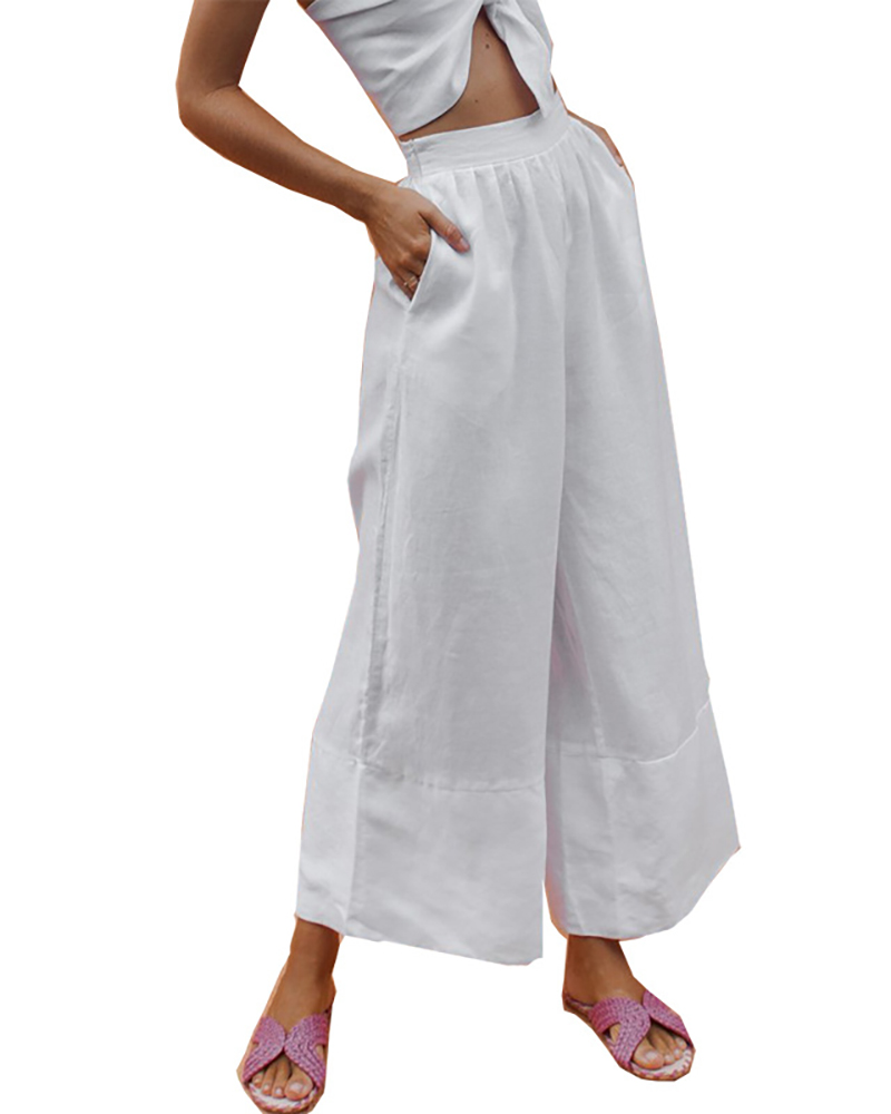 

High Waist Pocket Design Wide Leg Pants, White