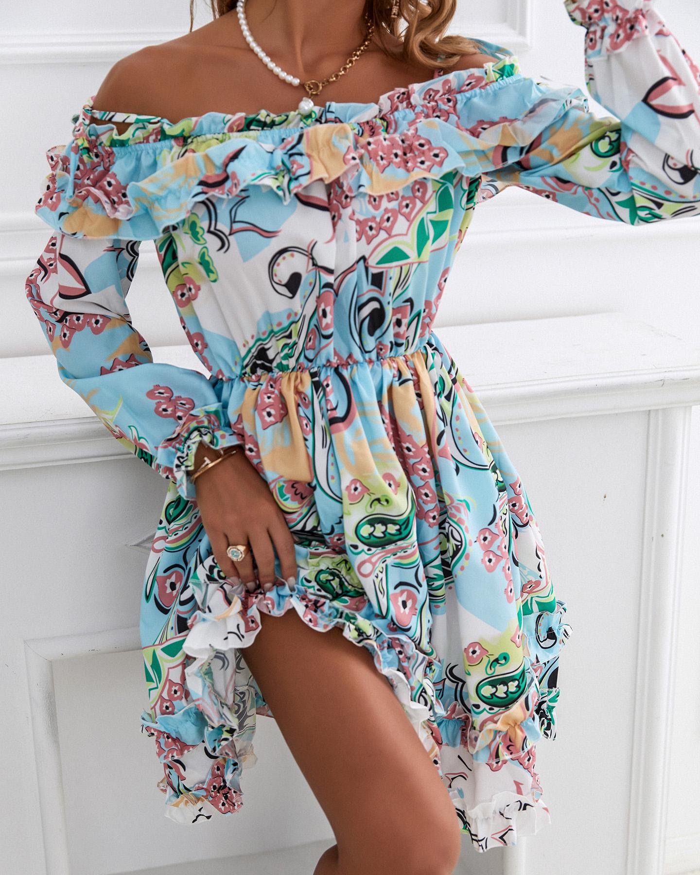 

Cold Shoulder Ruffles Frill Hem Allover Print Dress, Multicolor