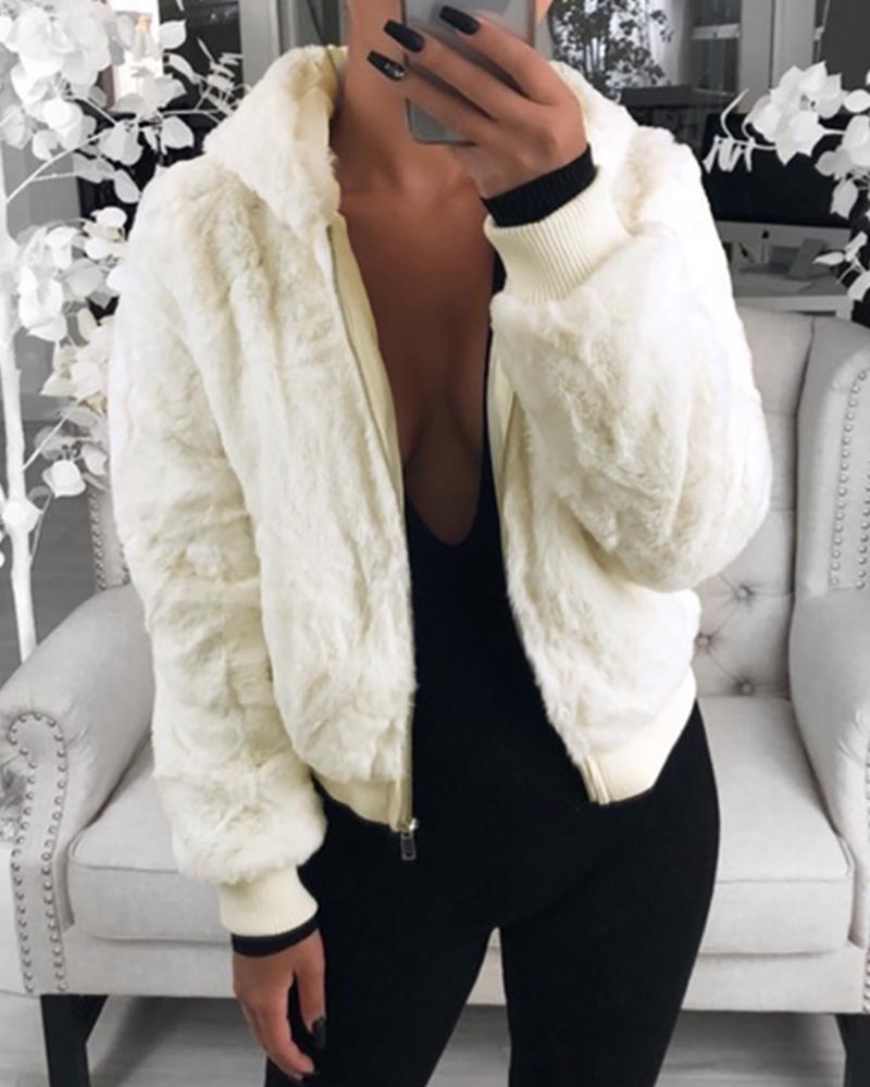 

Fluffy Zip Front Long Sleeve Hooded Teddy Coat, White