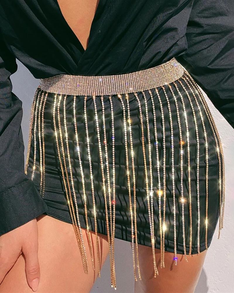 

Tassel Design Rhinestone Decor Waist Chian, Gold