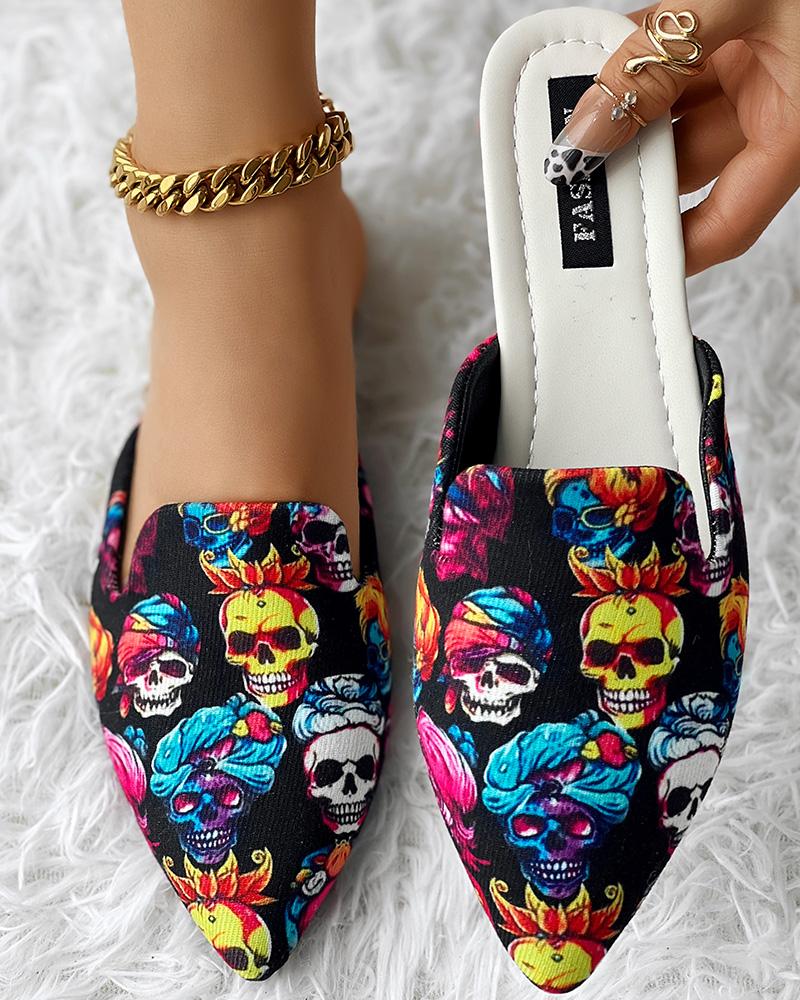 

Halloween Funny Skull Head Print Slippers Point Toe Mules, Multicolor