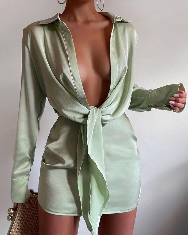 

Satin Long Sleeve Tied Detail Shirt Dress, Green