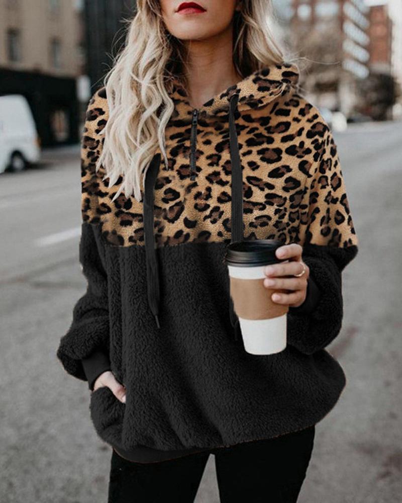 

Contrast Leopard Long Sleeve Fluffy Hoodie, Black