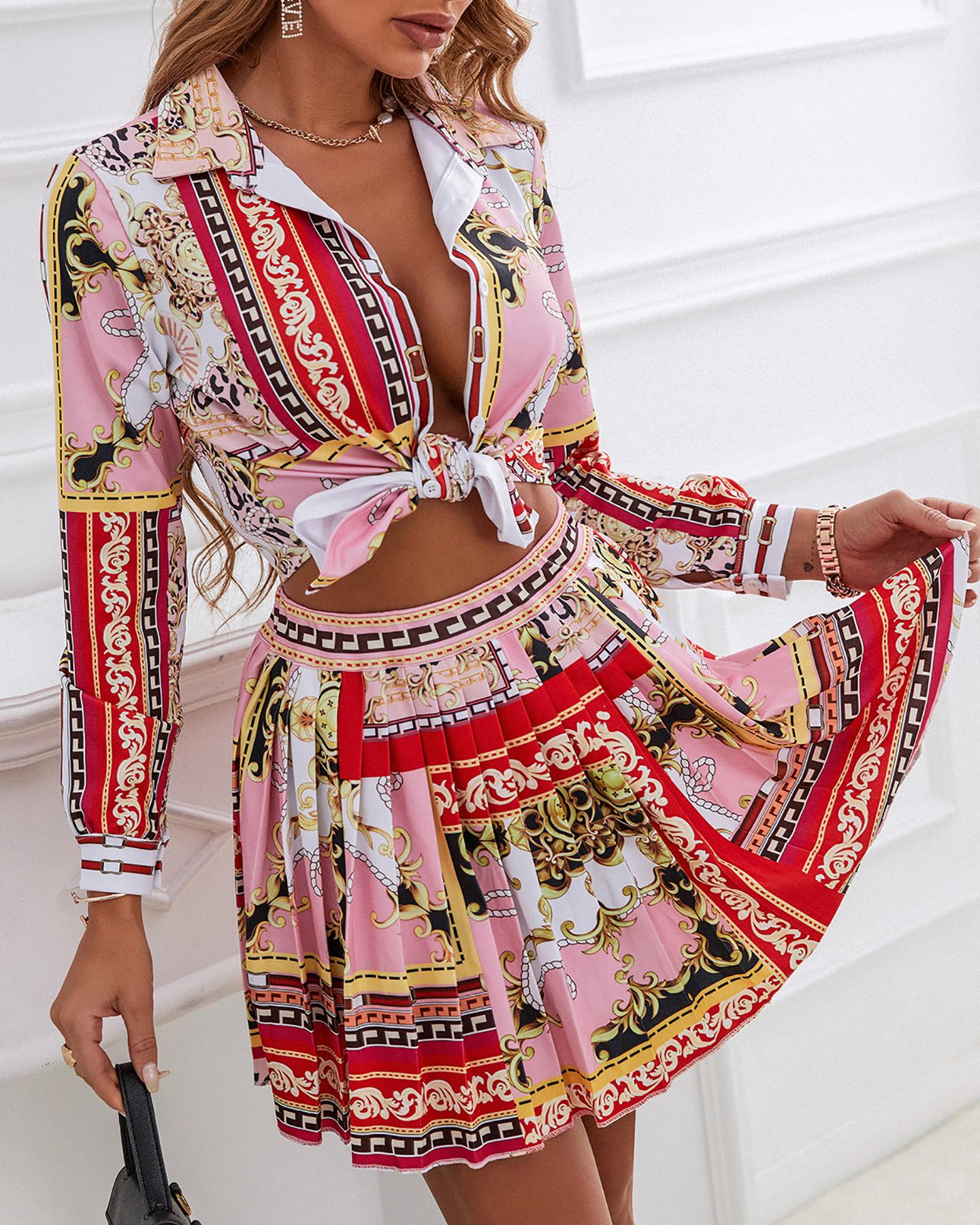 

Scarf Print Button Design Shirt & Pleated Skirt Set, Pink