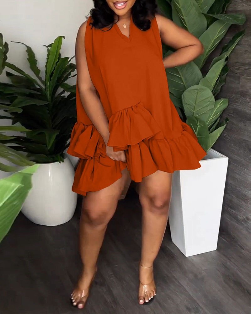 

V-Neck Layered Ruffle Hem Casual Dress, Orange