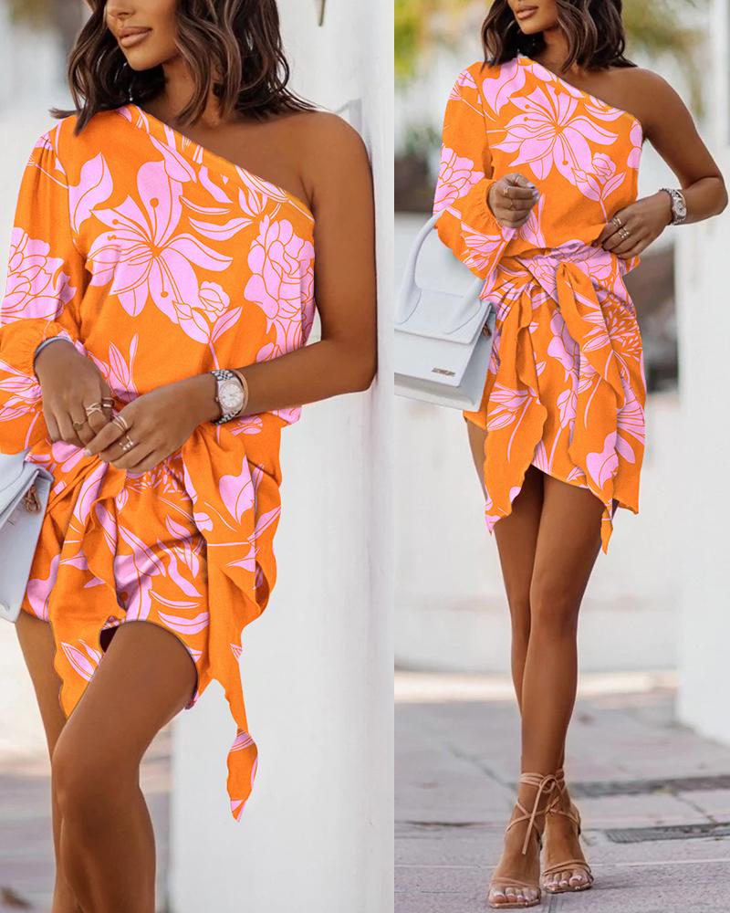 

Plants Print One Shoulder Tied Detail Casual Dress, Orange