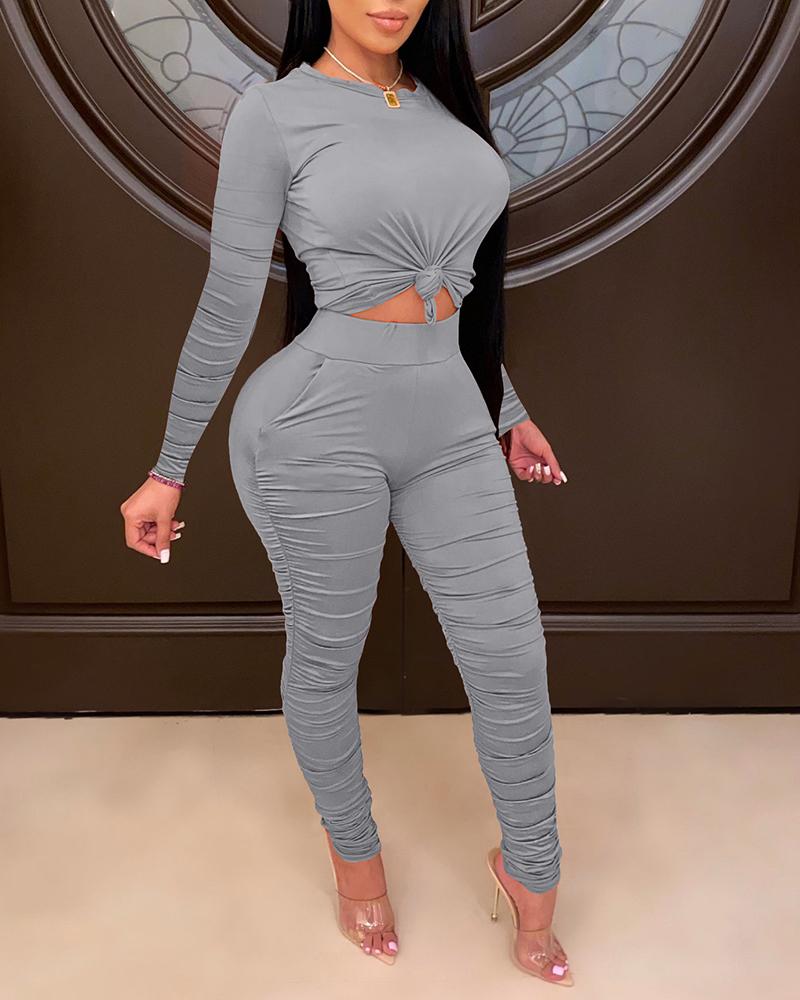 

Long Sleeve Top & Ruched Pants Set, Gray