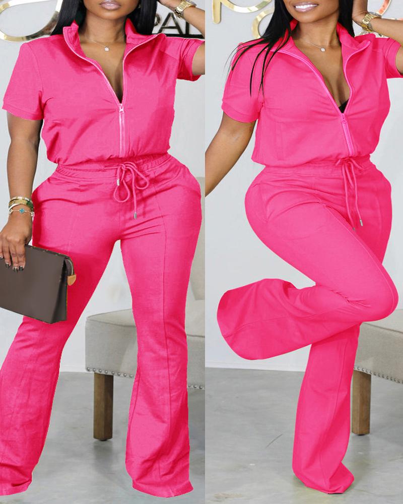 

Plus Size Zip Up Top & Drawstring Pants Set, Rose red