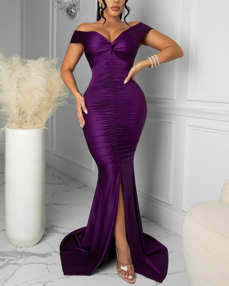 

Satin Off Shoulder Ruched Split Mermaid Dress, Purple