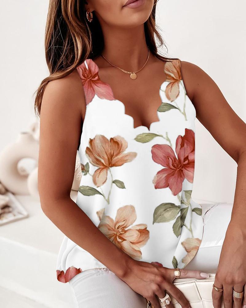 

Floral Print Scallop Trim V-Neck Tank Top, White