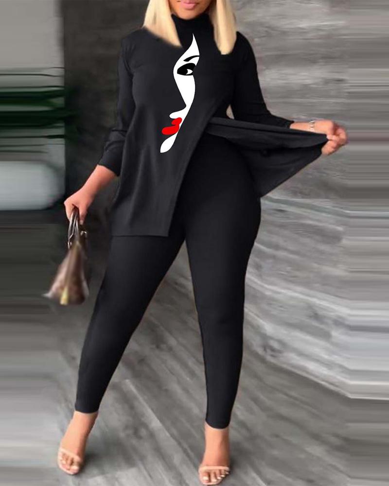 

Plus Size Figure Print Split Hem Top & Pants Set, Black
