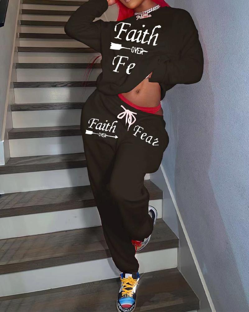 

Plus Size Letter Print Long Sleeve Top & Pants Set, Black