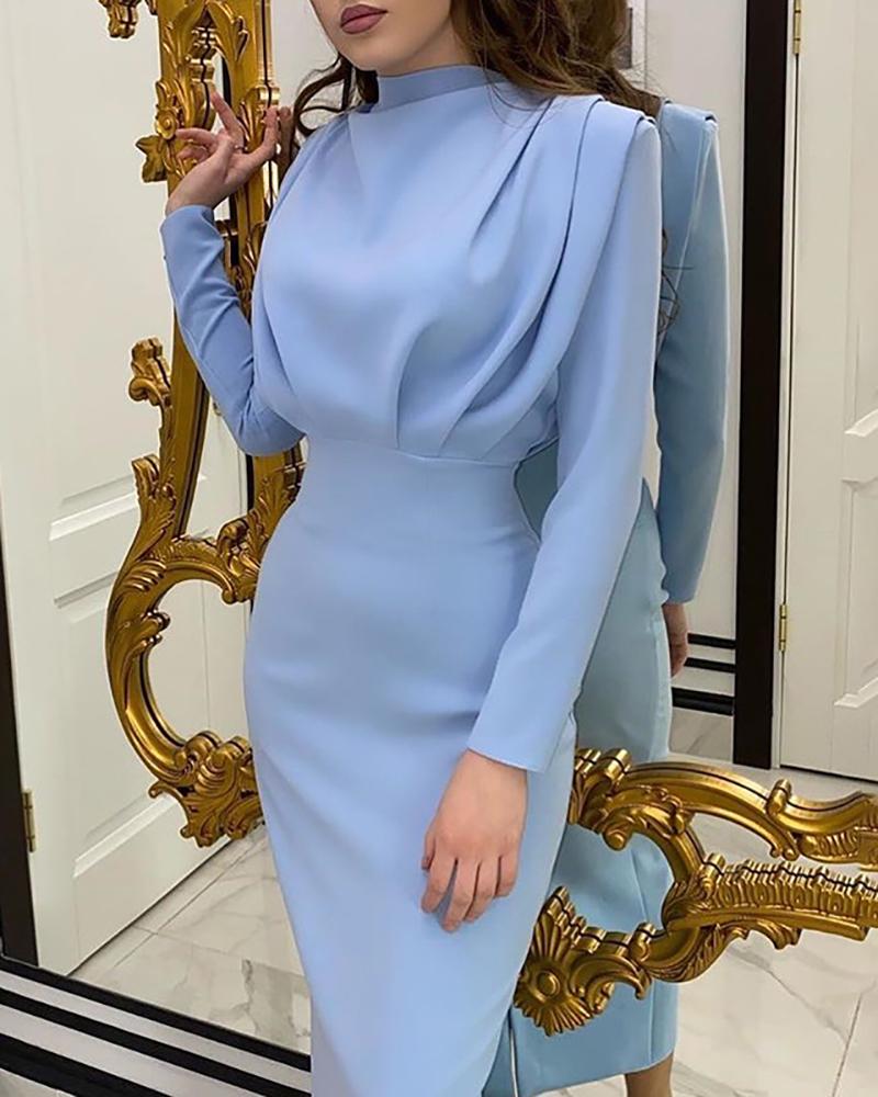 

Long Sleeve Ruched Bust Casual Dress, Blue