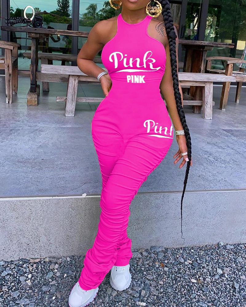 

Letter Print Sleeveless Ruched O-neck Skinny Jumpsuit, Hot pink