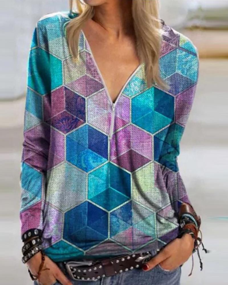 

Abstract Print Long Sleeve Zipper Design Top, Blue