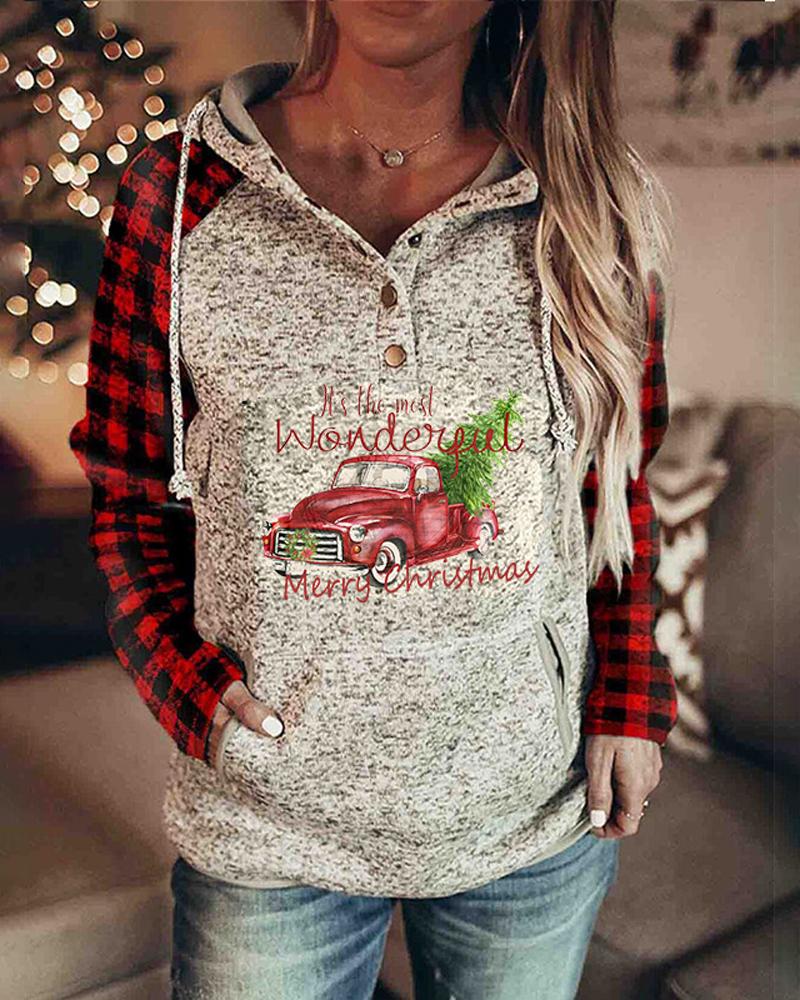 

Christmas Print Button Front Drawstring Hoodie, Style4