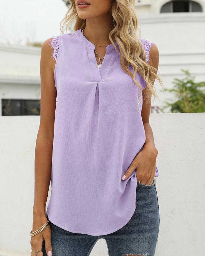 

Contrast Lace Notch Neck Casual Tank Top, Purple