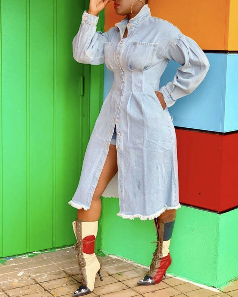 

Long Sleeve Button Front Raw Hem Denim Coat, Blue