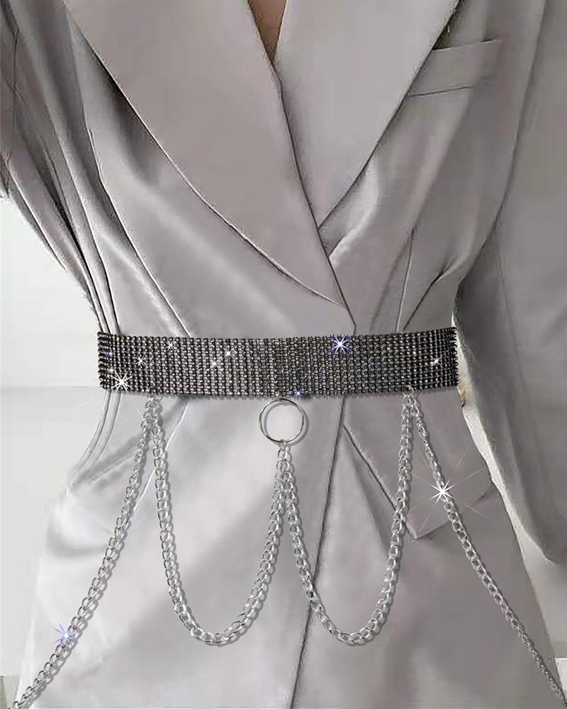 

Rhinestone Decor O-Ring Chain Decor Belt, Silver