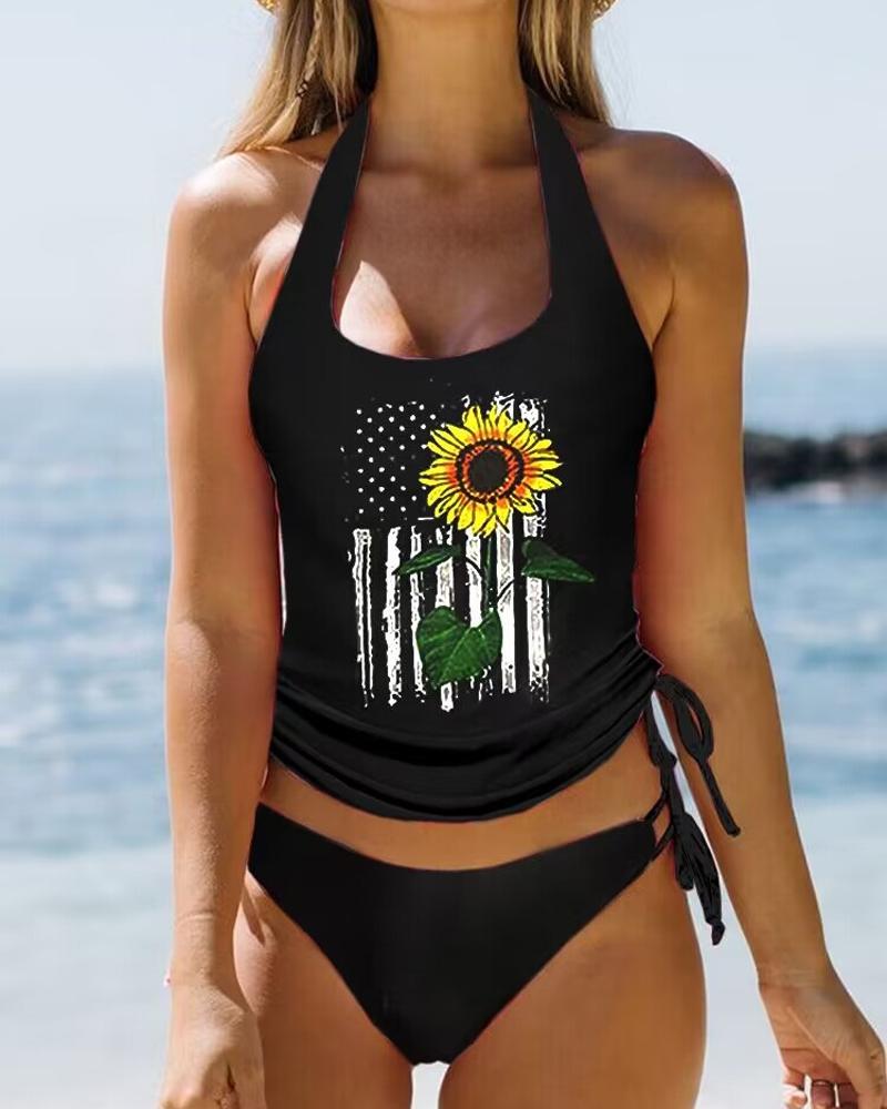 

Sunflower American Flag Print Drawstring Ruched Halter Tankini Set, Black