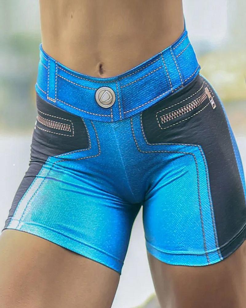 

Colorblock Skinny High Waist Denim Patterns 3D Print Active Shorts, Blue